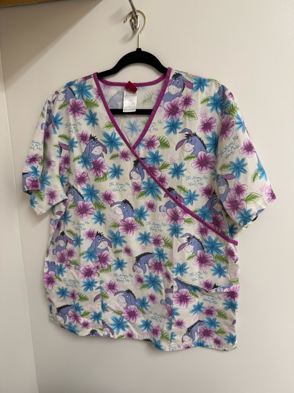 Disney Eeyore Scrub Top Women's Large Mock Wrap "To Know Me is to Love Me" - Picture 2 of 6